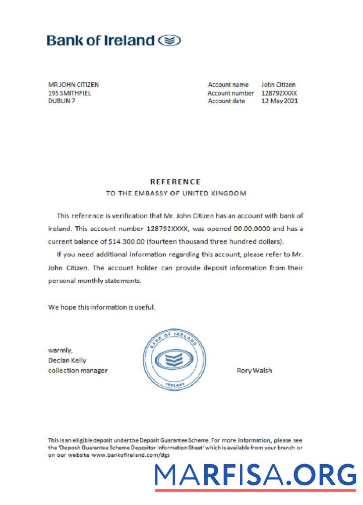 Downloadable Ireland bank of Ireland reference template